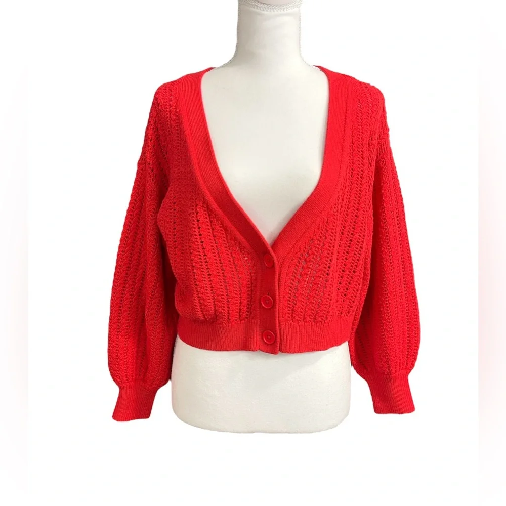 Alice + Olivia Red Windsor Deep V-Neck Slouchy Knitted Cardigan Sweater Wool XS - Picture 10 of 16